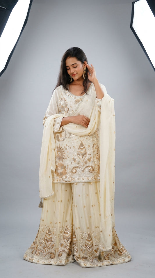 Ivory Hand-Embroidered Designer Sharara Set with Dupatta