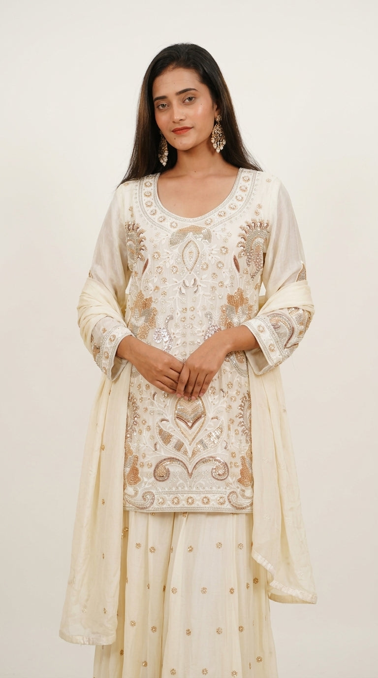 Ivory Hand-Embroidered Designer Sharara Set with Dupatta