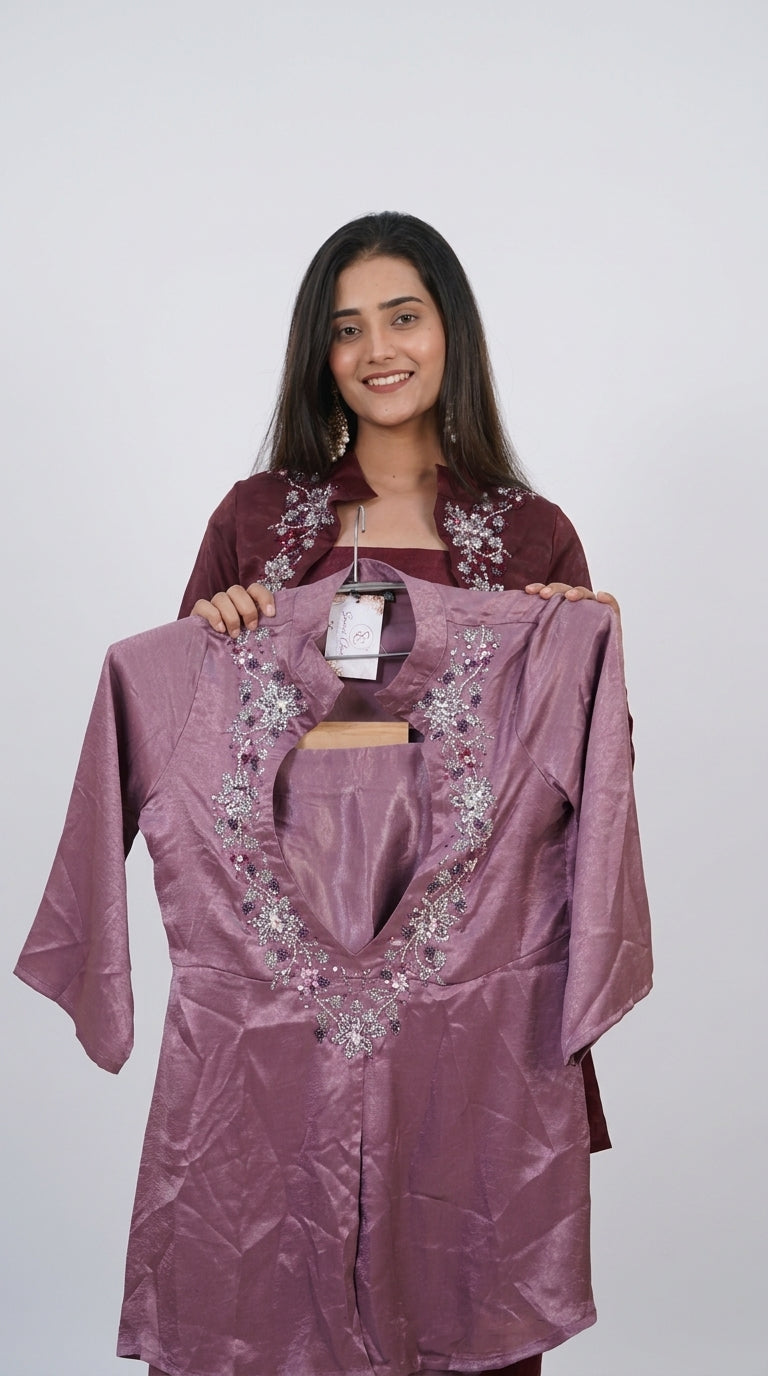 Wine Hand-Embroidered Designer Co-ord Set