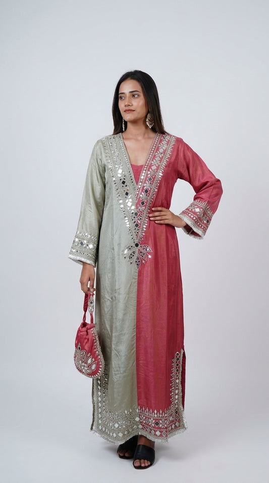 Dual-Tone Sage Green & Rose Pink Hand-Embroidered Designer Kurta Set with Potli Bag