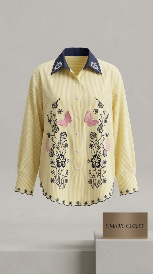 Butterfly Embroidered Yellow Cotton Shirt
