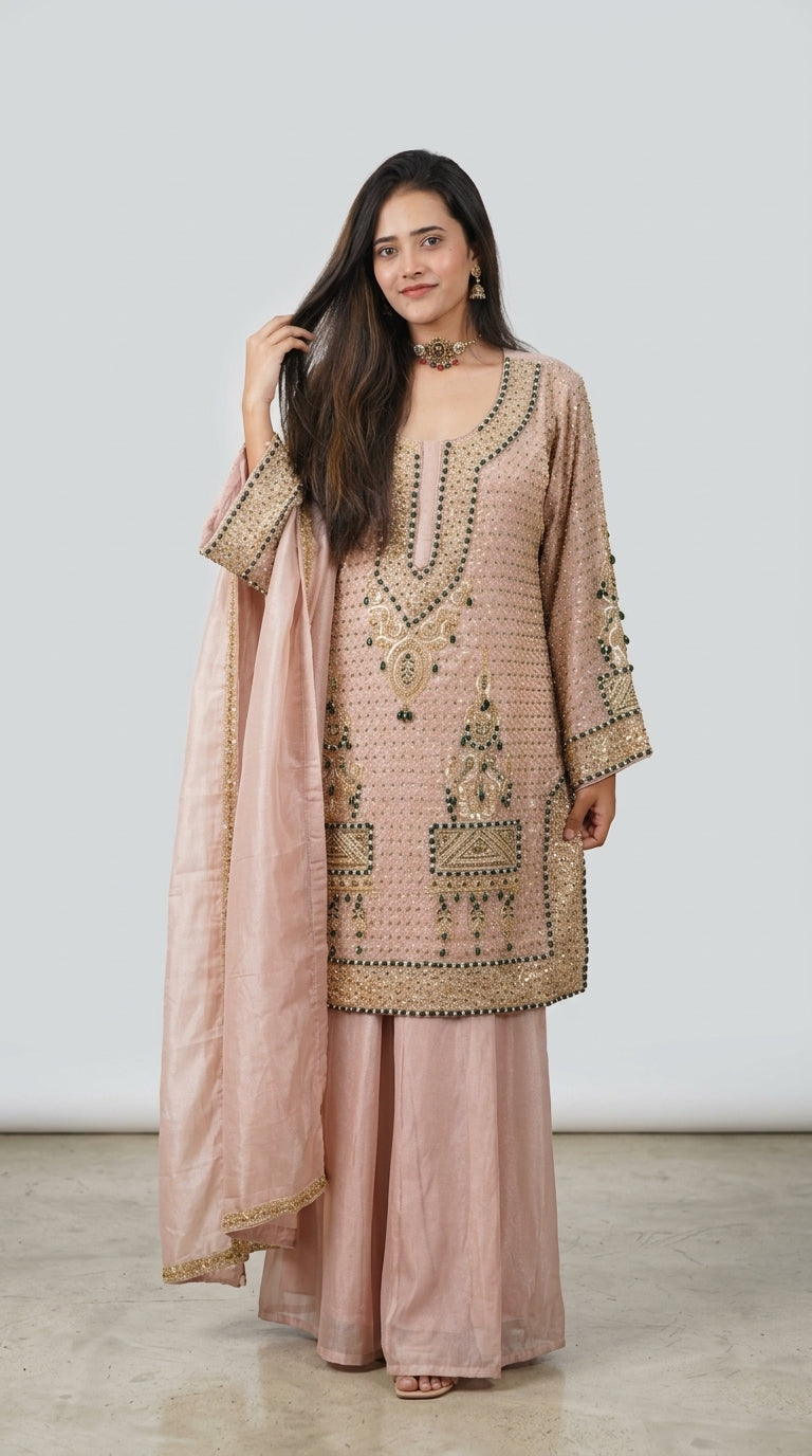 Pink Hand-Embroidered Sharara Set