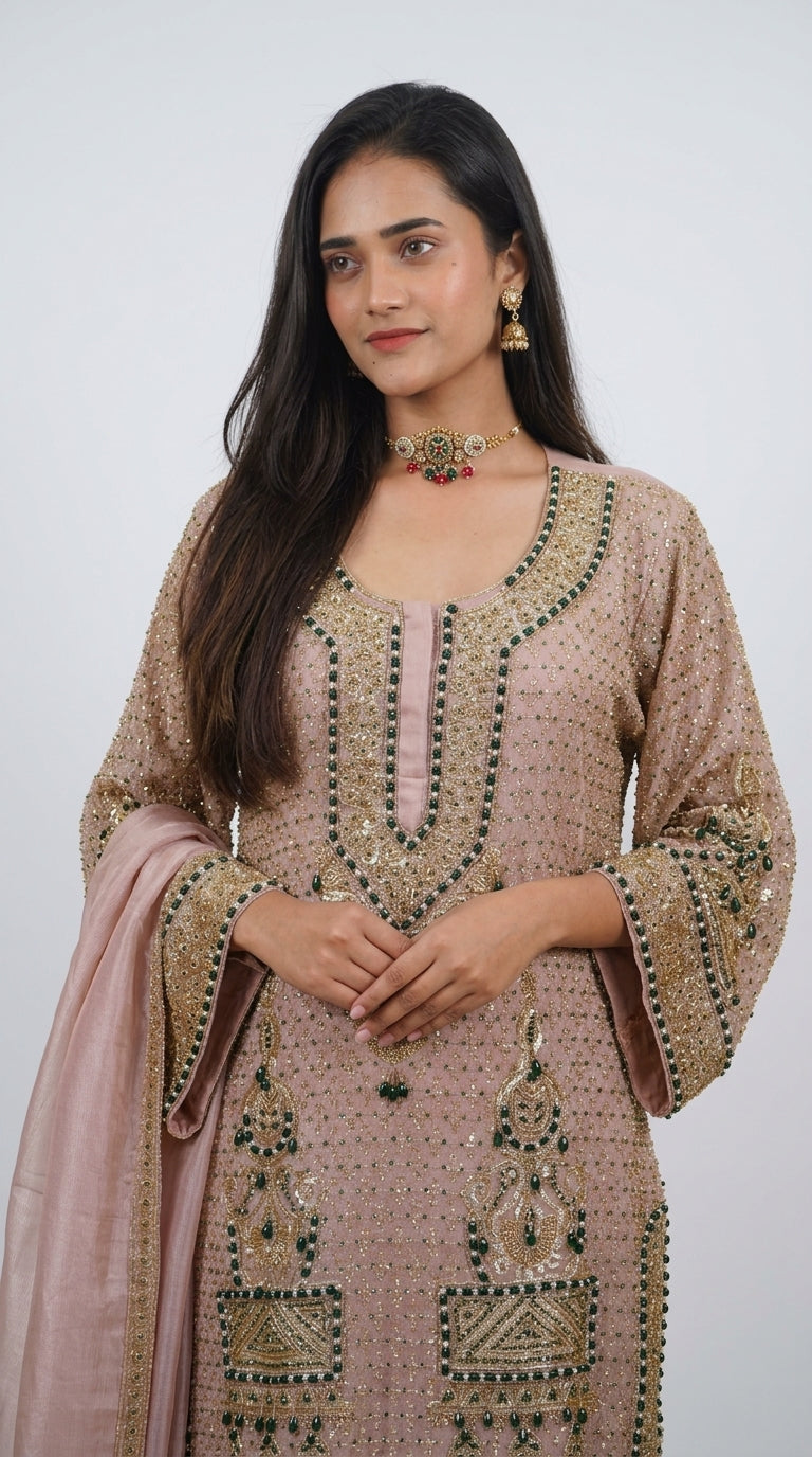 Pink Hand-Embroidered Sharara Set