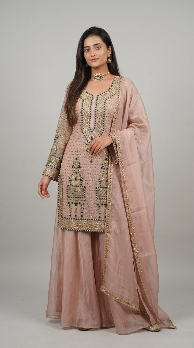 Pink Hand-Embroidered Sharara Set