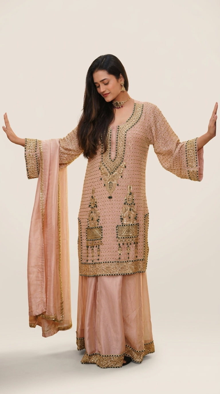 Pink Hand-Embroidered Sharara Set