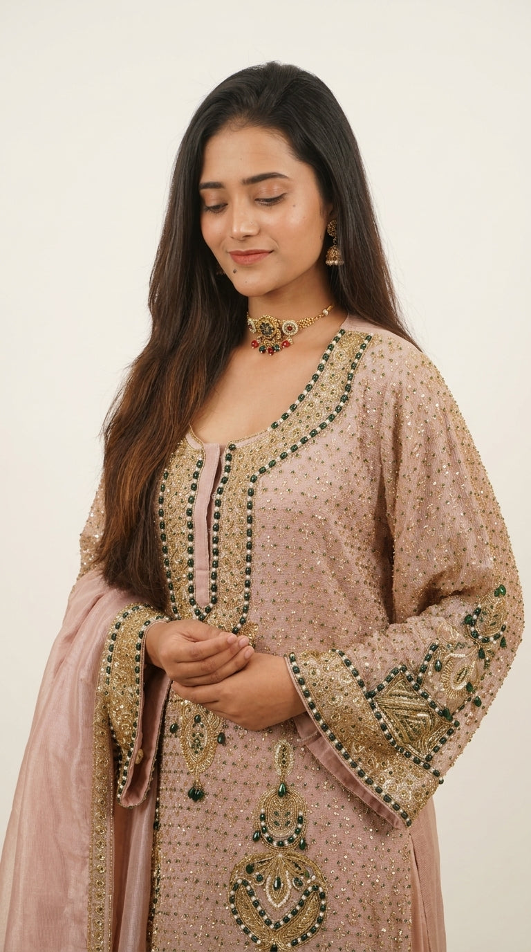 Pink Hand-Embroidered Sharara Set
