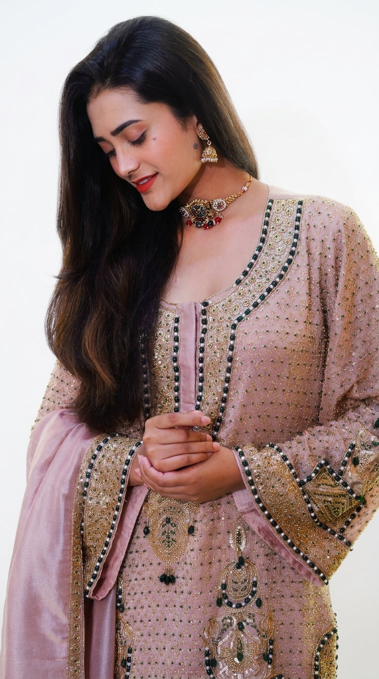 Pink Hand-Embroidered Sharara Set