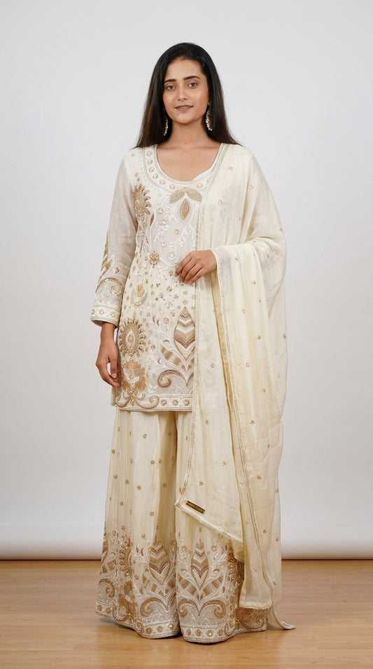 Ivory Hand-Embroidered Designer Sharara Set with Dupatta