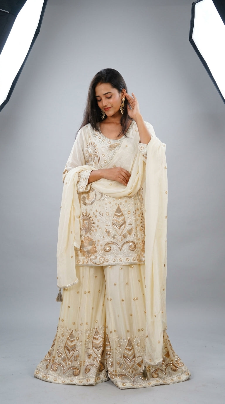 Ivory Hand-Embroidered Designer Sharara Set with Dupatta