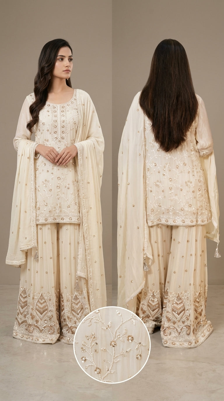 Ivory Hand-Embroidered Designer Sharara Set with Dupatta
