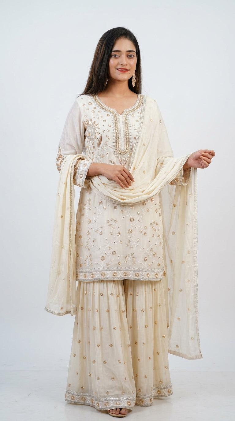 Ivory Hand-Embroidered Designer Sharara Set with Dupatta