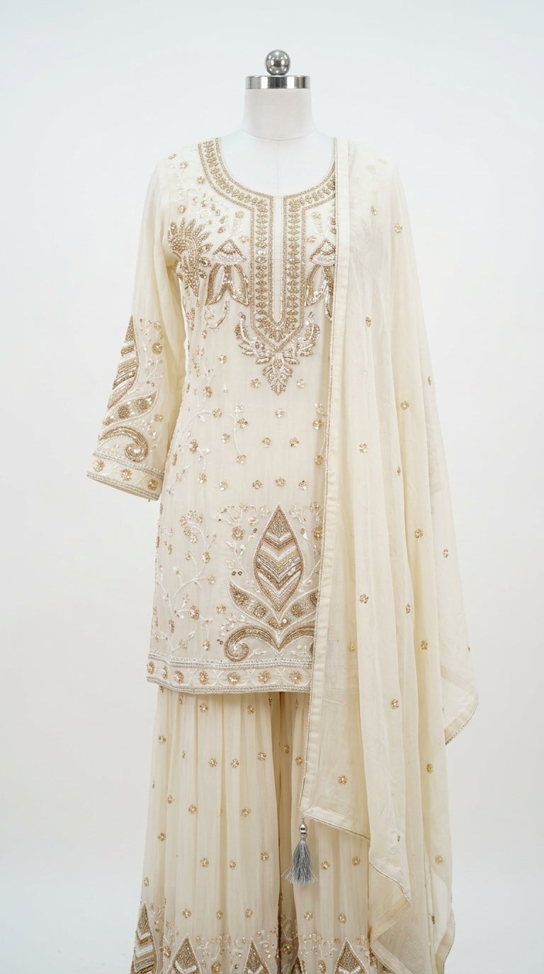 Ivory Hand-Embroidered Designer Sharara Set with Dupatta