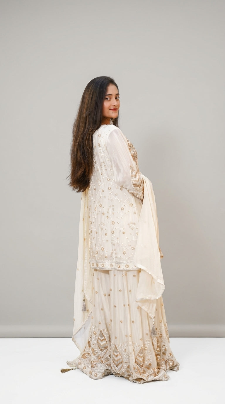 Ivory Hand-Embroidered Designer Sharara Set with Dupatta