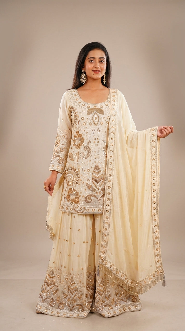 Ivory Hand-Embroidered Designer Sharara Set with Dupatta