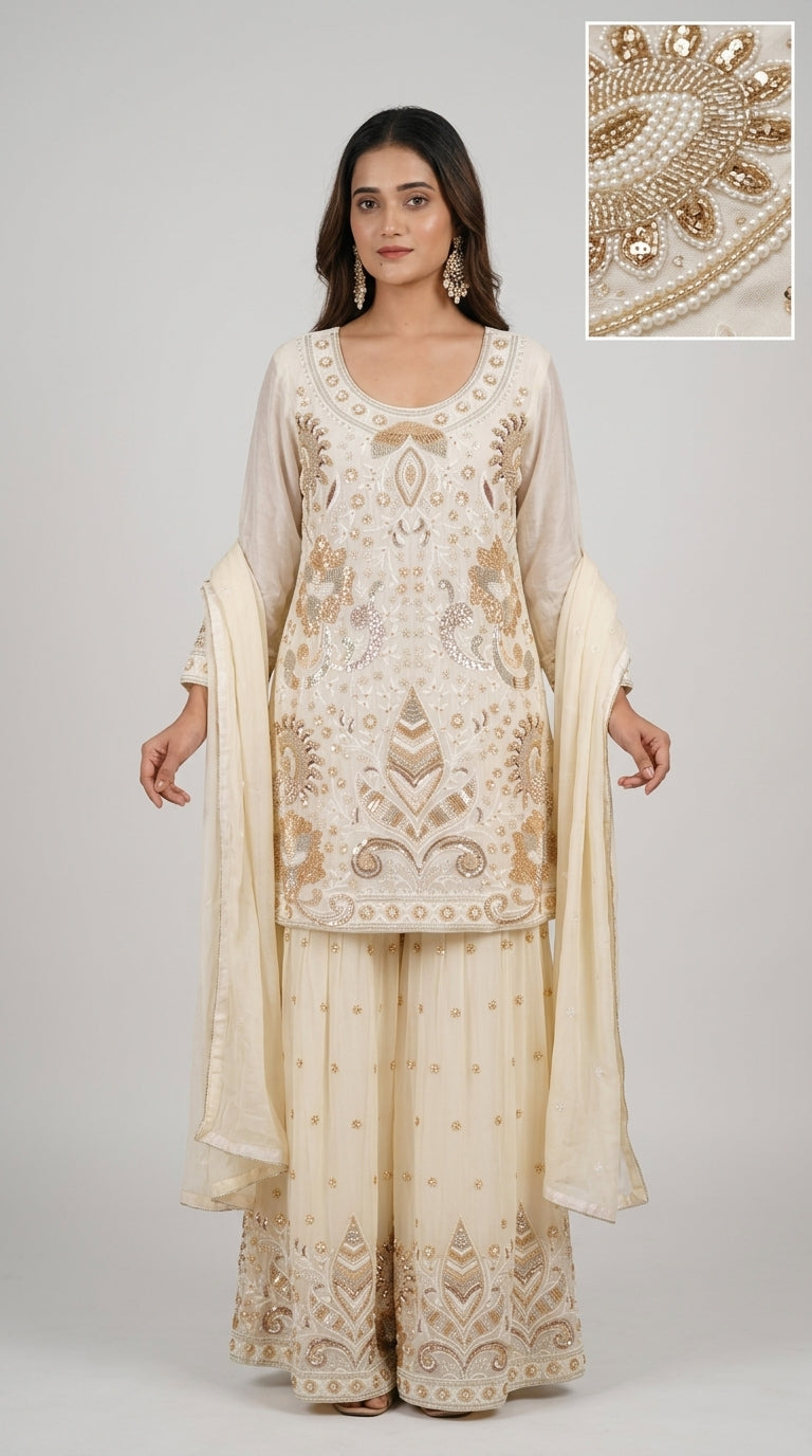 Ivory Hand-Embroidered Designer Sharara Set with Dupatta