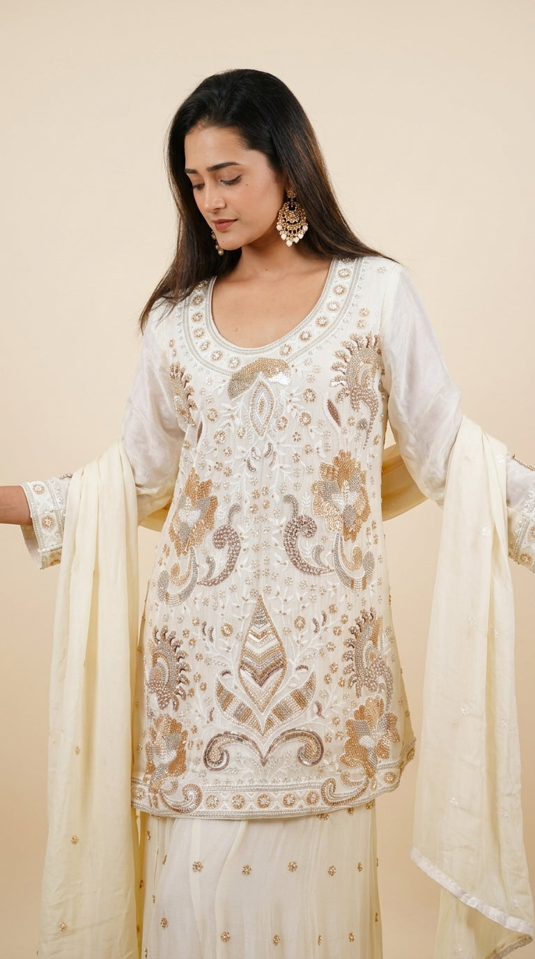 Ivory Hand-Embroidered Designer Sharara Set with Dupatta