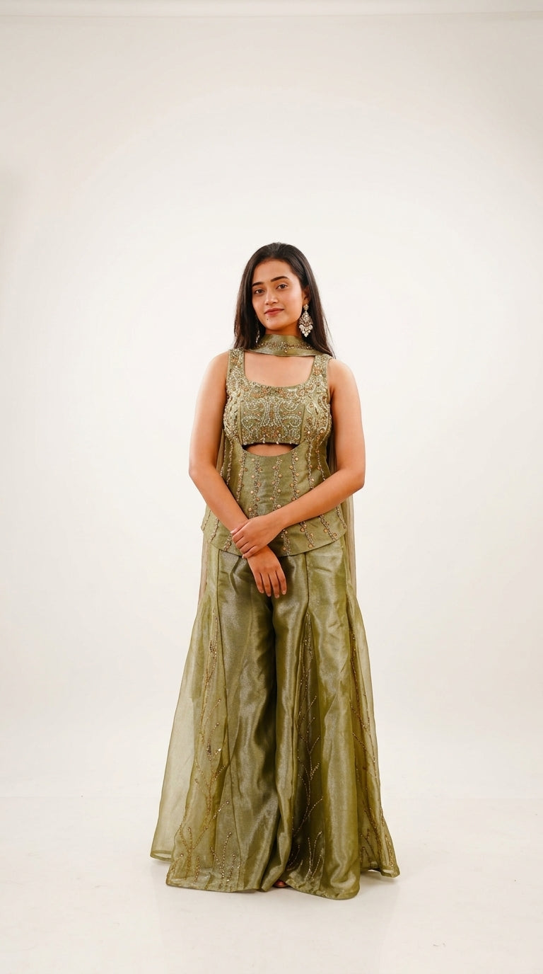 Olive Green Hand-Embroidered Designer Co-Ord Set with Palazzo & Cape Dupatta