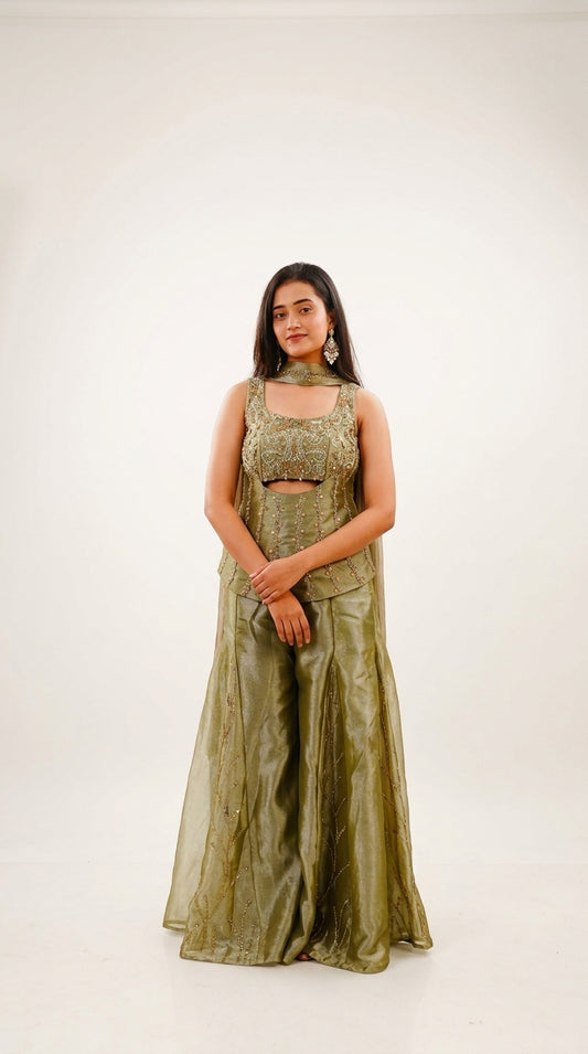 Olive Green Hand-Embroidered Designer Co-Ord Set with Palazzo & Cape Dupatta