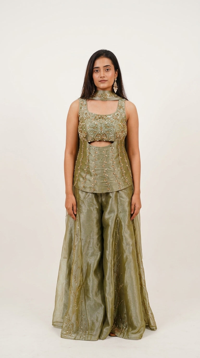 Olive Green Hand-Embroidered Designer Co-Ord Set with Palazzo & Cape Dupatta