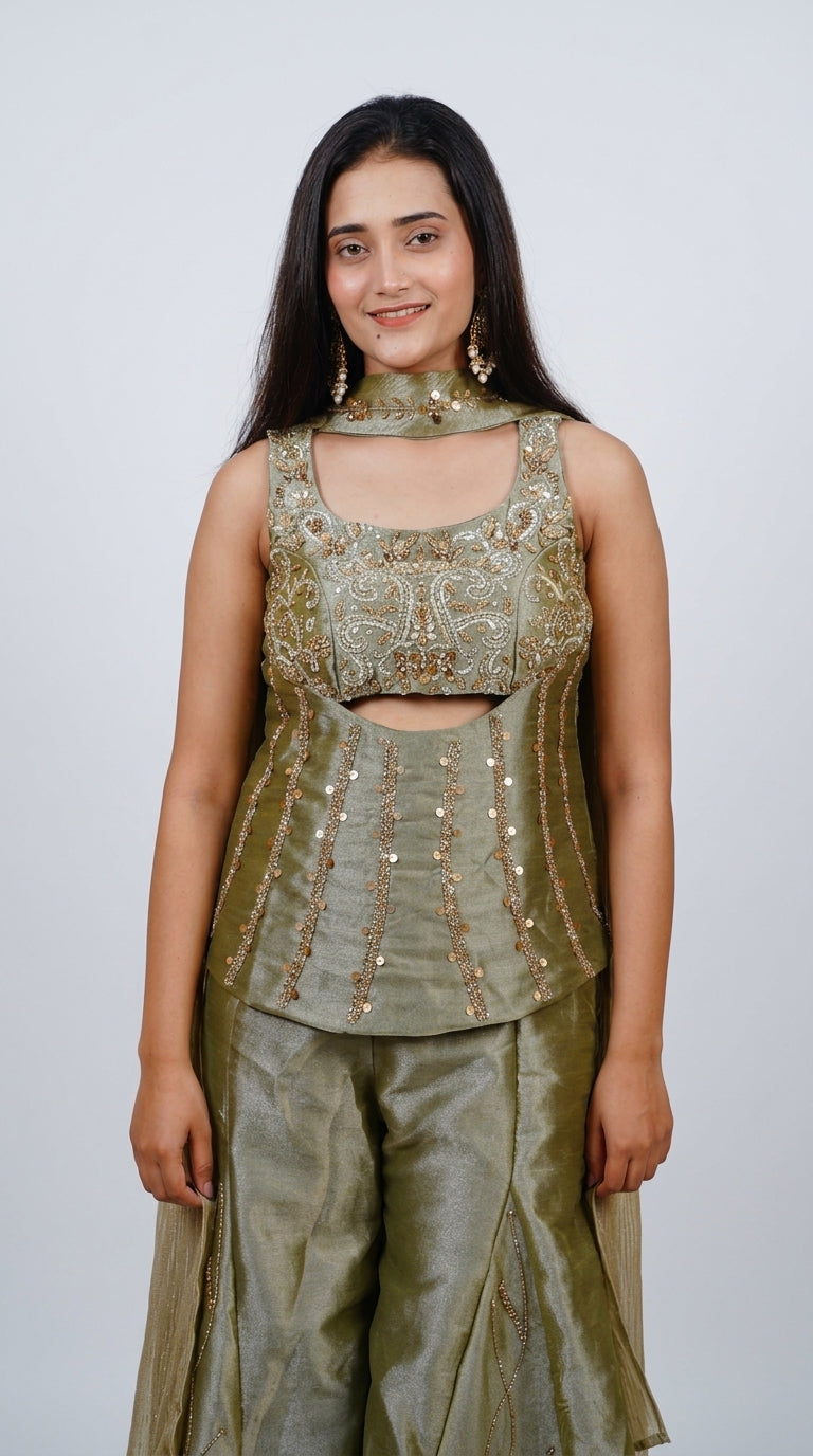 Olive Green Hand-Embroidered Designer Co-Ord Set with Palazzo & Cape Dupatta