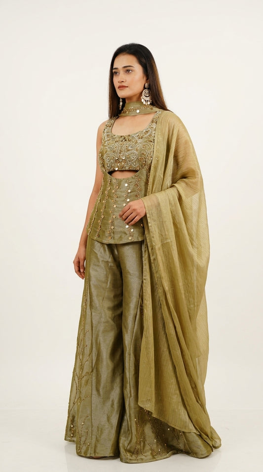 Olive Green Hand-Embroidered Designer Co-Ord Set with Palazzo & Cape Dupatta