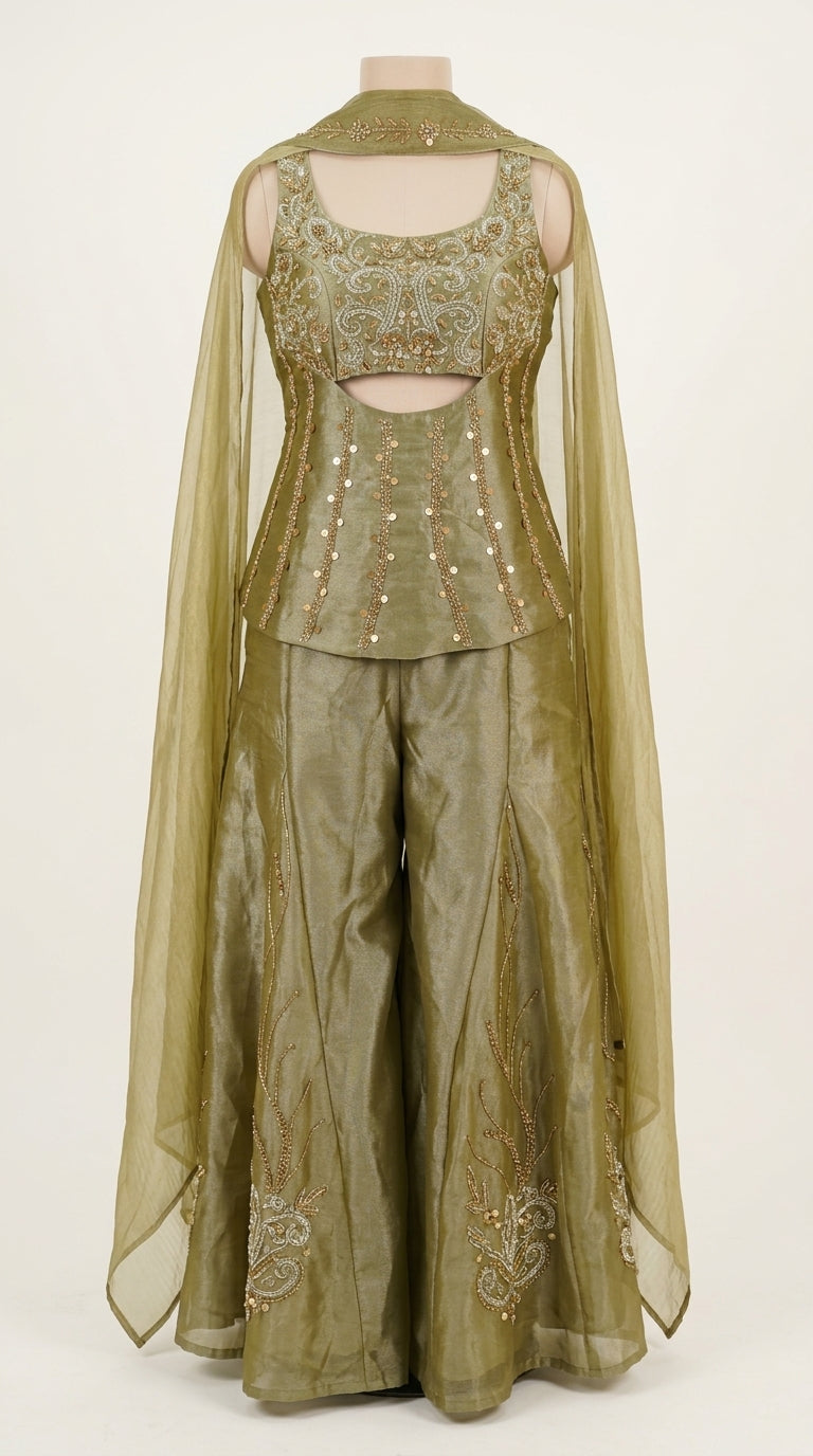 Olive Green Hand-Embroidered Designer Co-Ord Set with Palazzo & Cape Dupatta