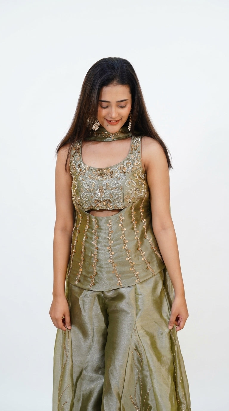 Olive Green Hand-Embroidered Designer Co-Ord Set with Palazzo & Cape Dupatta
