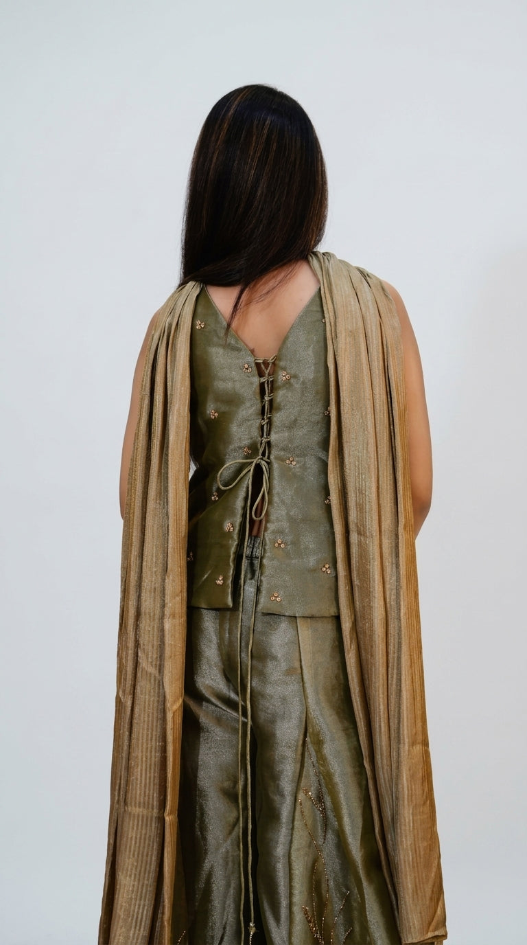 Olive Green Hand-Embroidered Designer Co-Ord Set with Palazzo & Cape Dupatta
