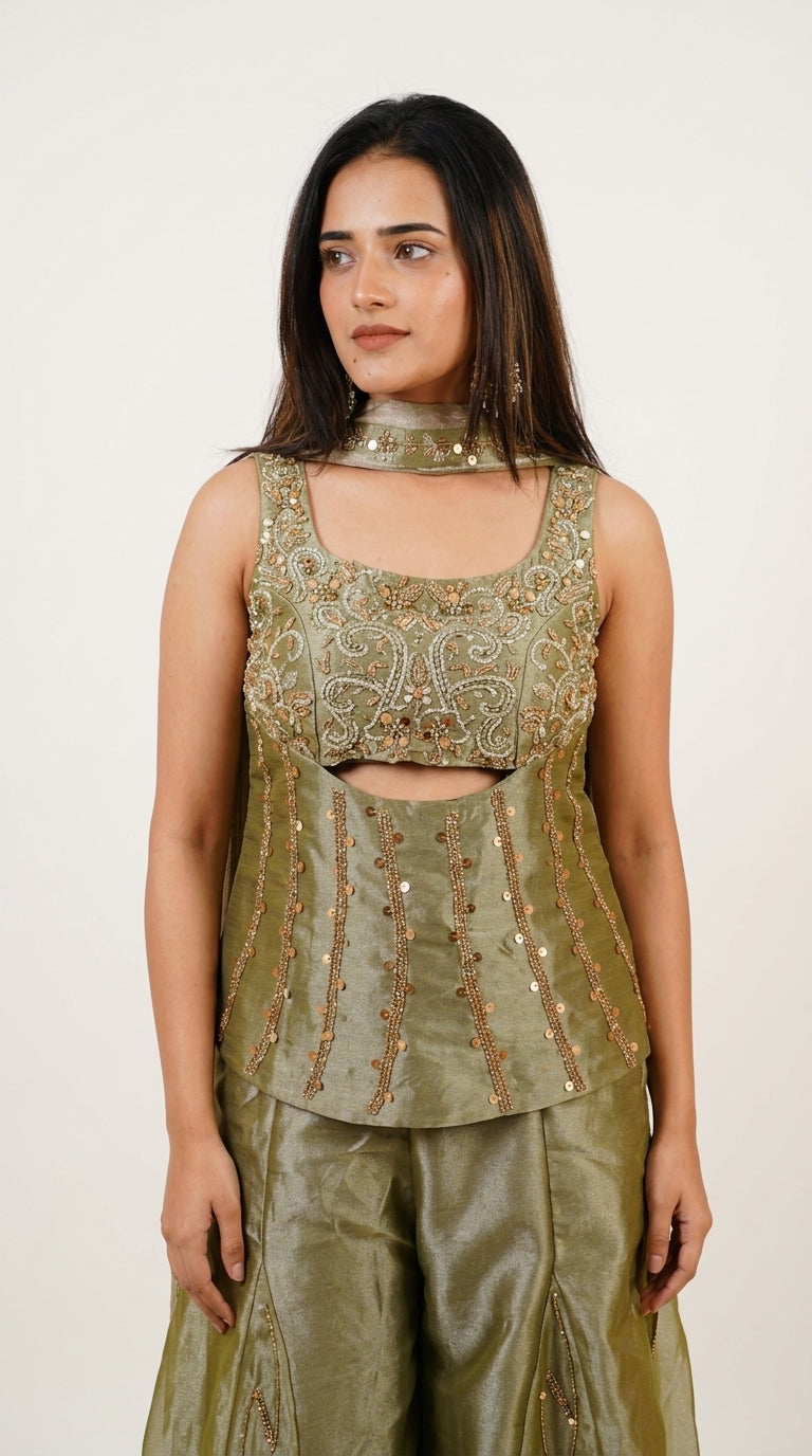 Olive Green Hand-Embroidered Designer Co-Ord Set with Palazzo & Cape Dupatta
