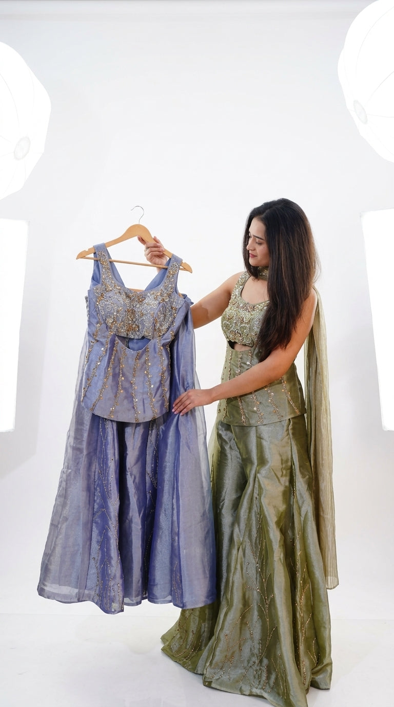 Olive Green Hand-Embroidered Designer Co-Ord Set with Palazzo & Cape Dupatta