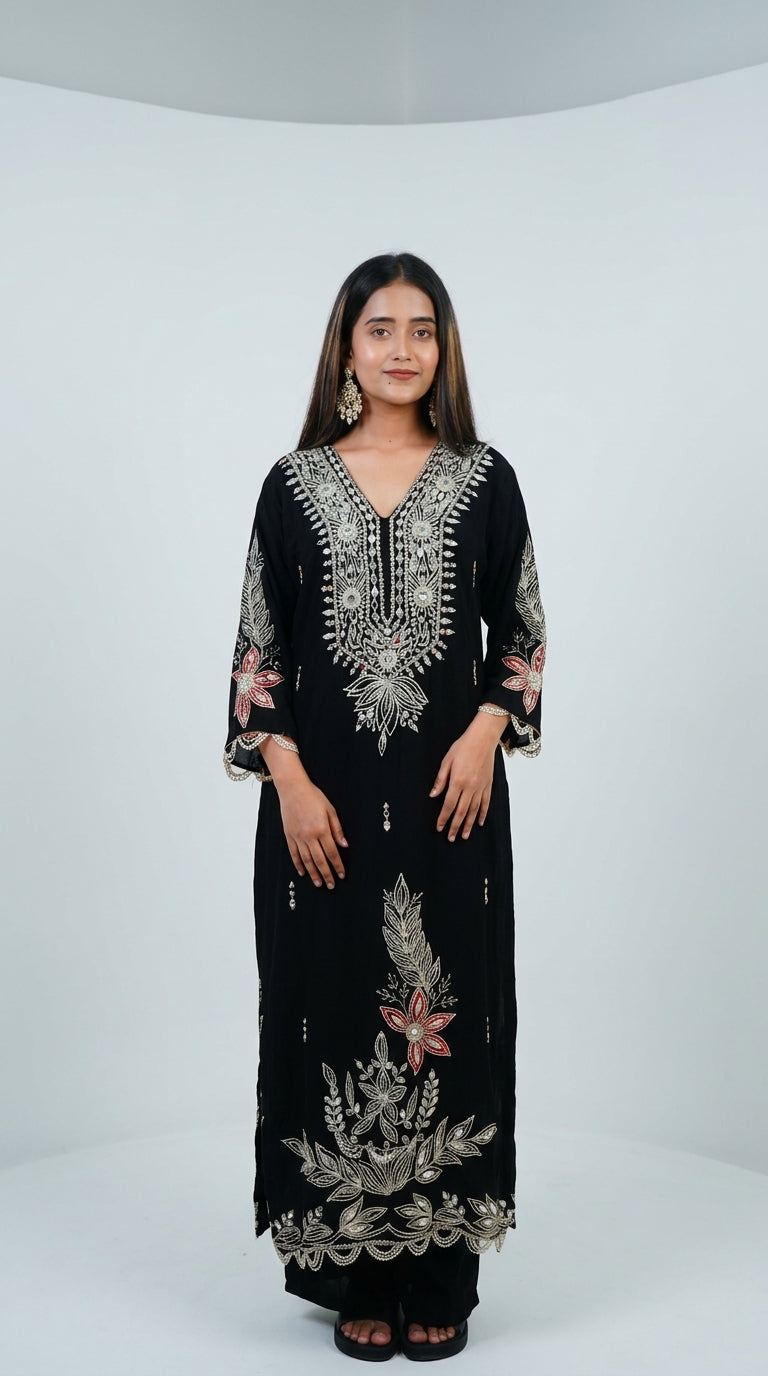 Black Hand-Embroidered Designer Kurta Set