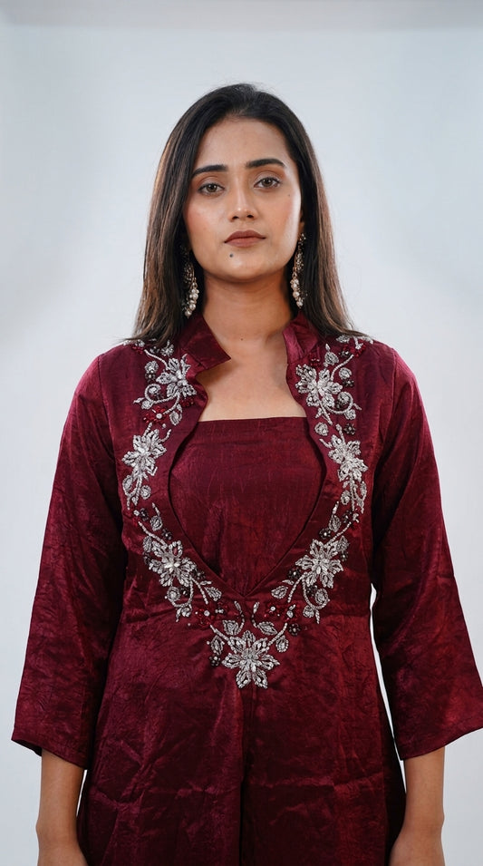 Wine Hand-Embroidered Designer Co-ord Set