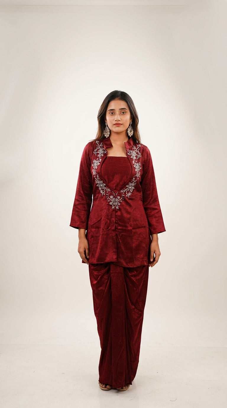 Wine Hand-Embroidered Designer Co-ord Set