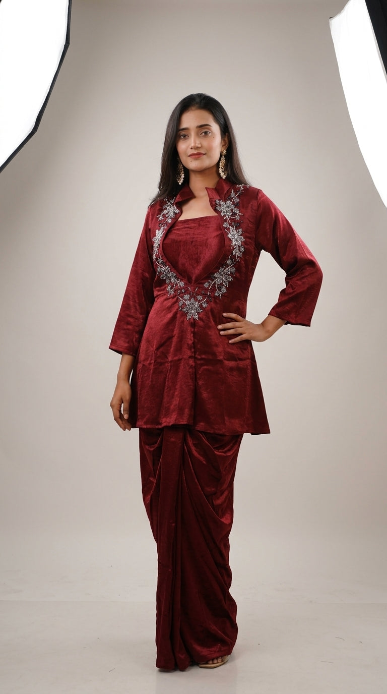Wine Hand-Embroidered Designer Co-ord Set