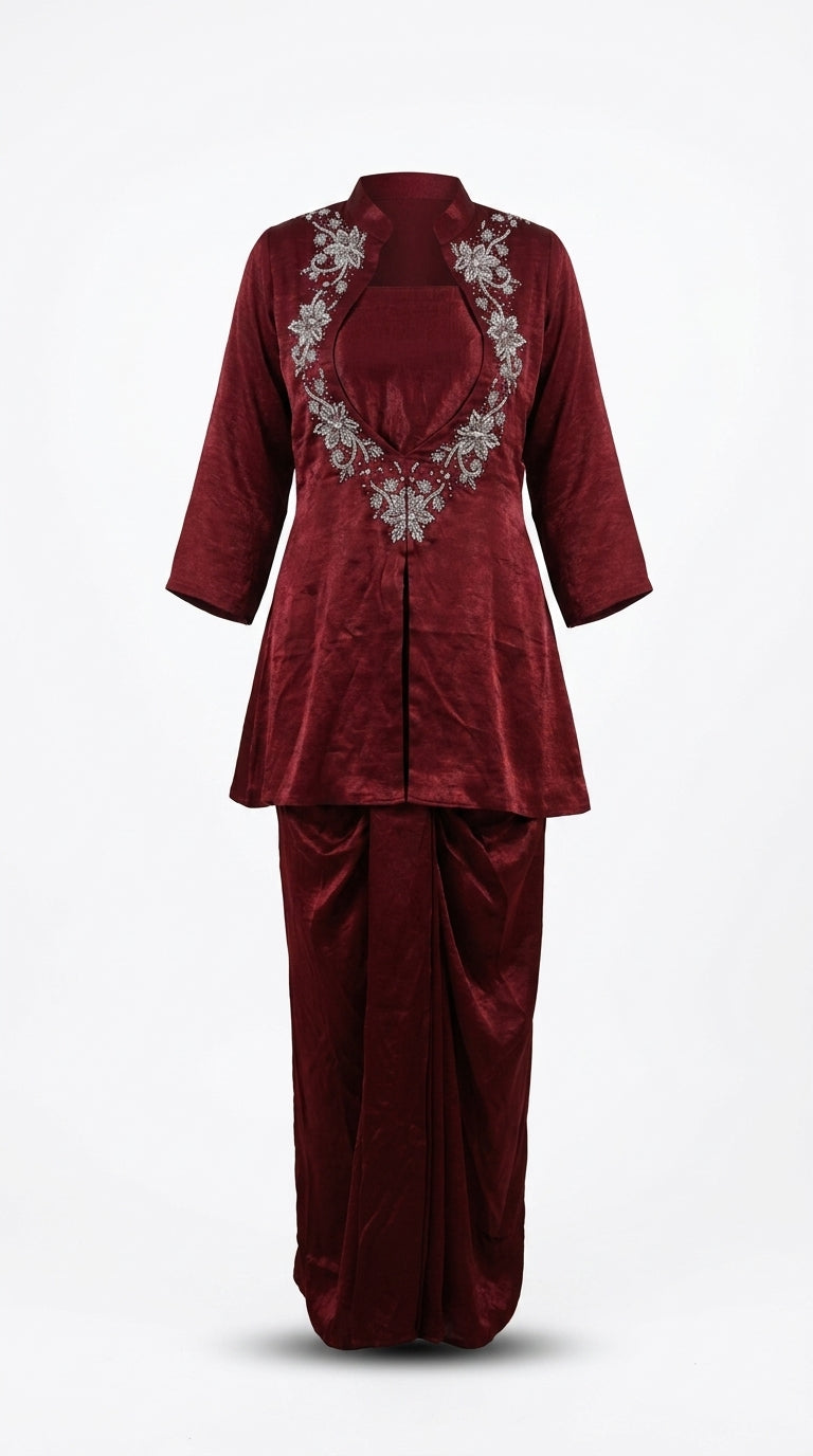 Wine Hand-Embroidered Designer Co-ord Set
