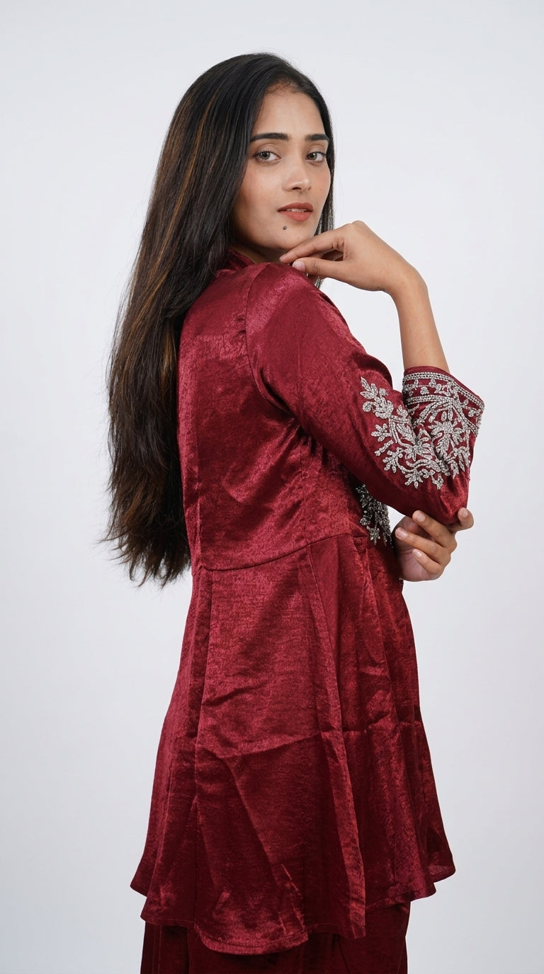Wine Hand-Embroidered Designer Co-ord Set