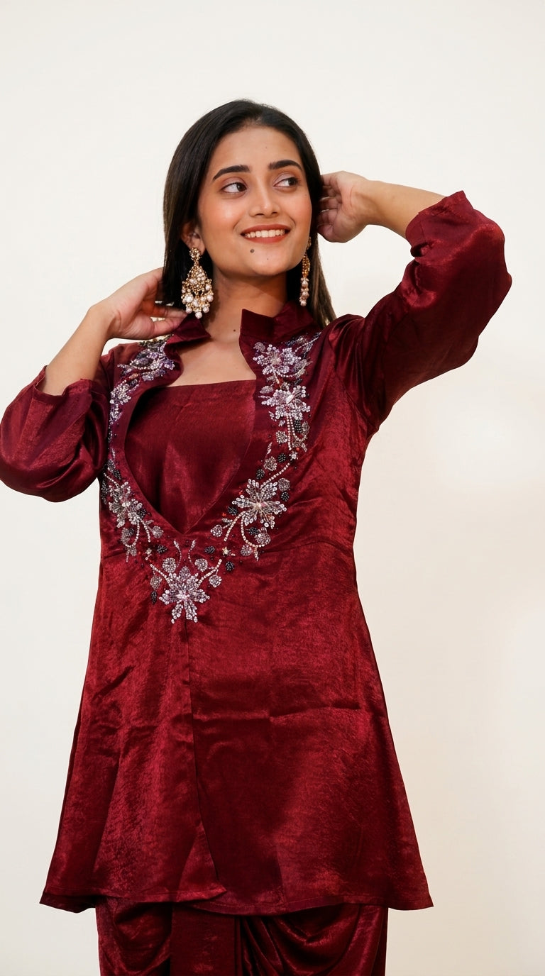 Wine Hand-Embroidered Designer Co-ord Set