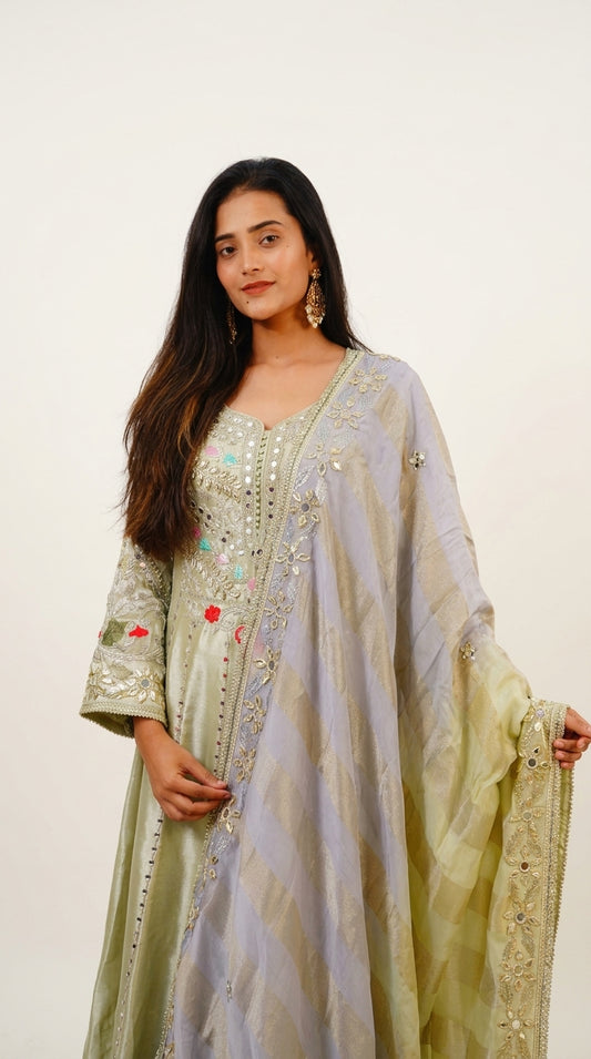 Sage Green Hand-Embroidered Designer Anarkali Suit with Organza Dupatta