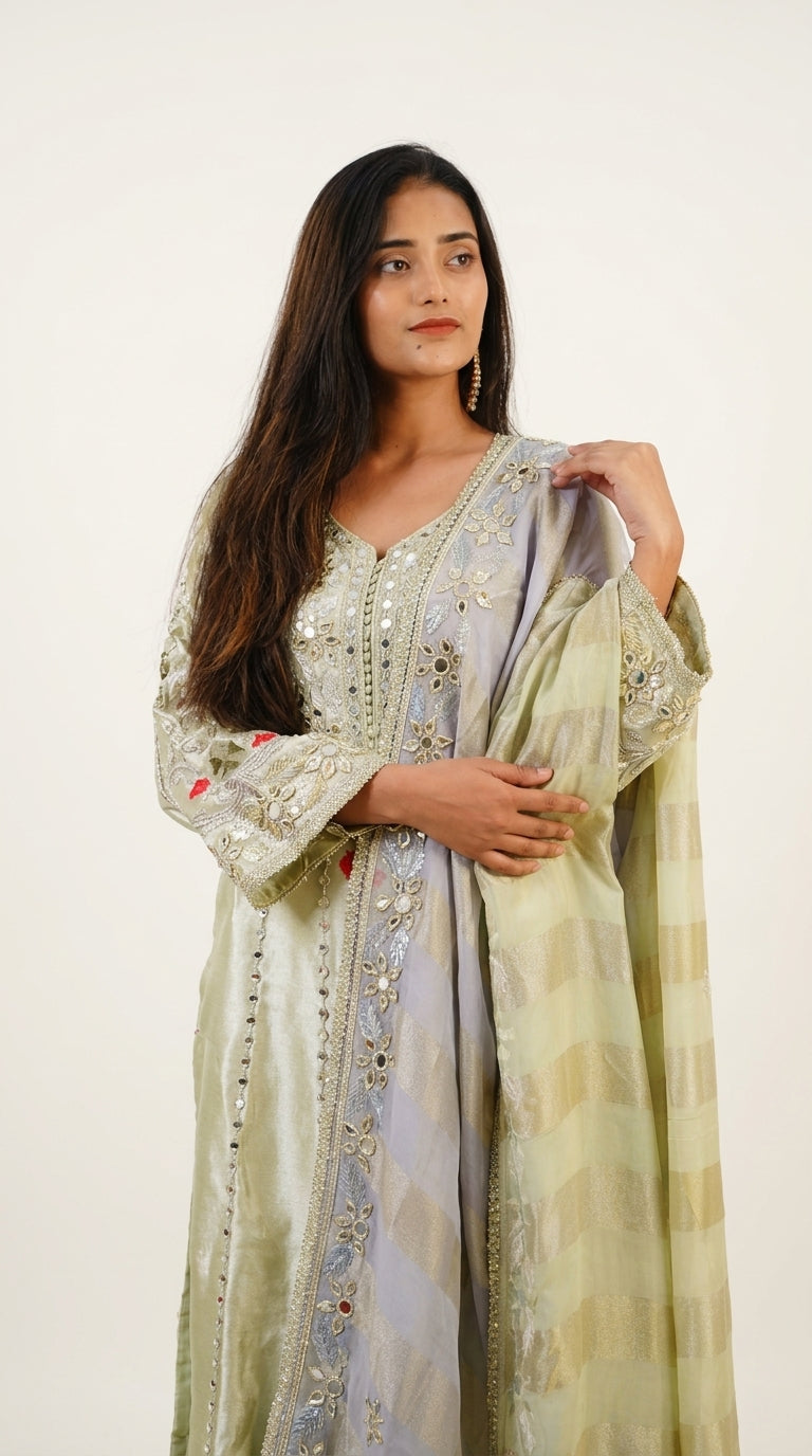 Sage Green Hand-Embroidered Designer Anarkali Suit with Organza Dupatta