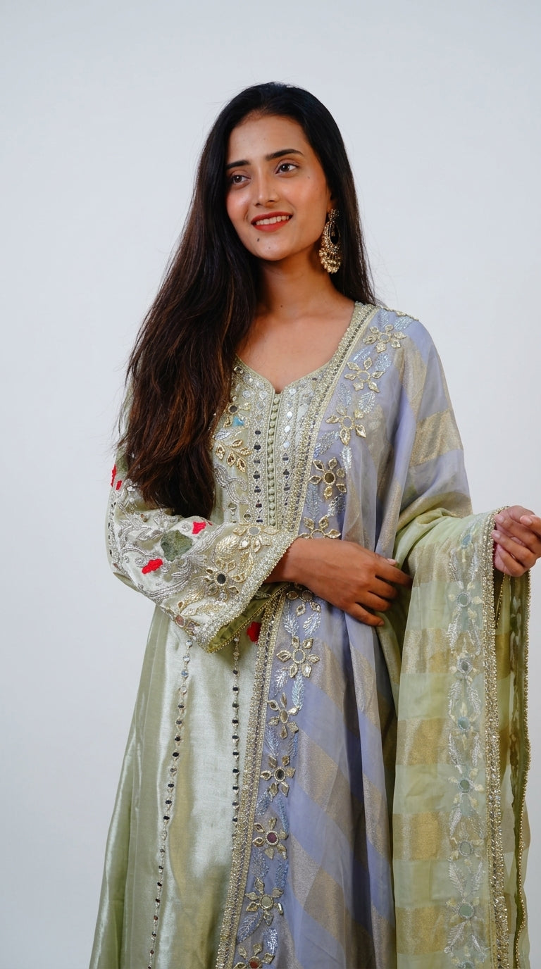 Sage Green Hand-Embroidered Designer Anarkali Suit with Organza Dupatta