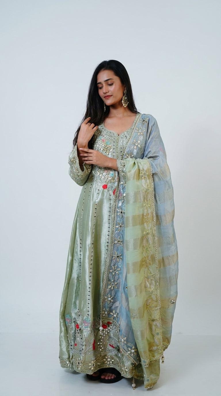 Sage Green Hand-Embroidered Designer Anarkali Suit with Organza Dupatta