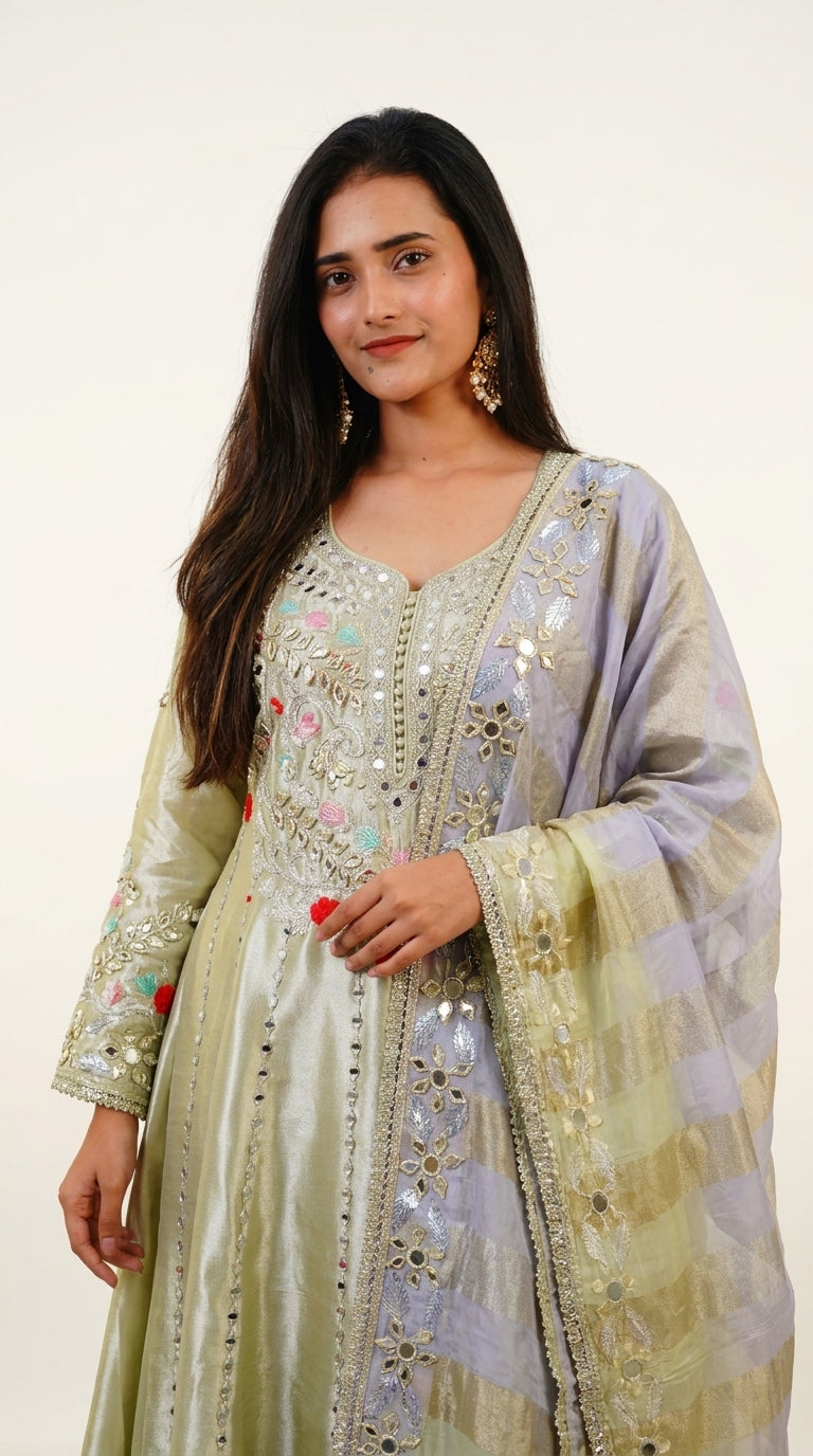 Sage Green Hand-Embroidered Designer Anarkali Suit with Organza Dupatta