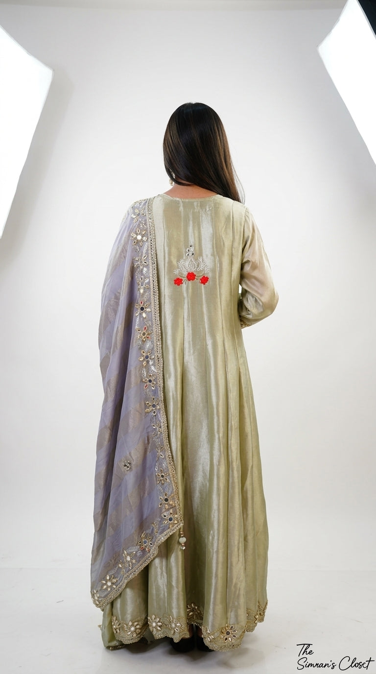 Sage Green Hand-Embroidered Designer Anarkali Suit with Organza Dupatta