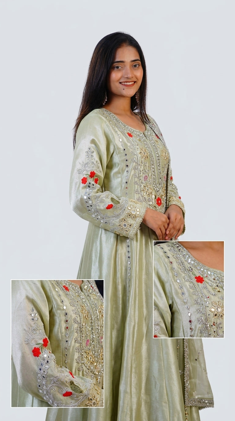 Sage Green Hand-Embroidered Designer Anarkali Suit with Organza Dupatta