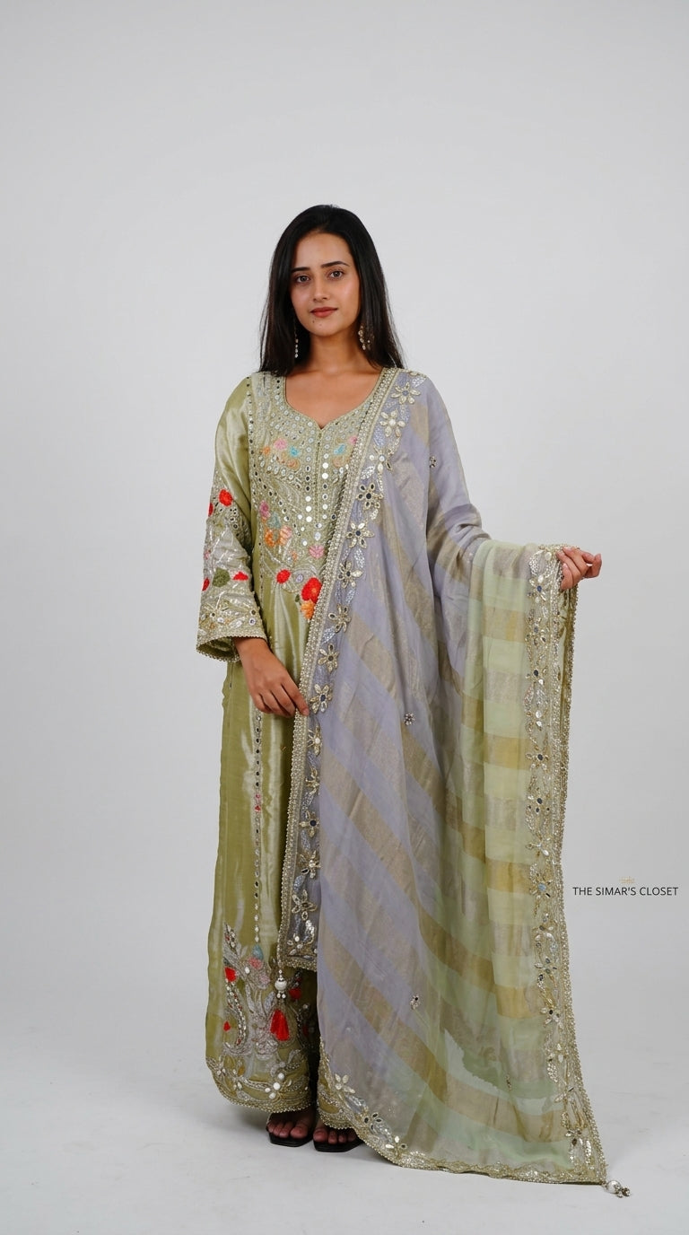 Sage Green Hand-Embroidered Designer Anarkali Suit with Organza Dupatta