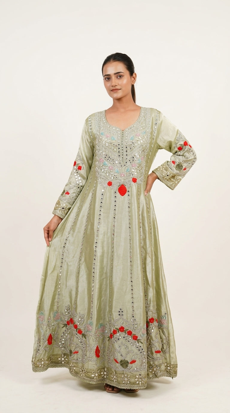 Sage Green Hand-Embroidered Designer Anarkali Suit with Organza Dupatta