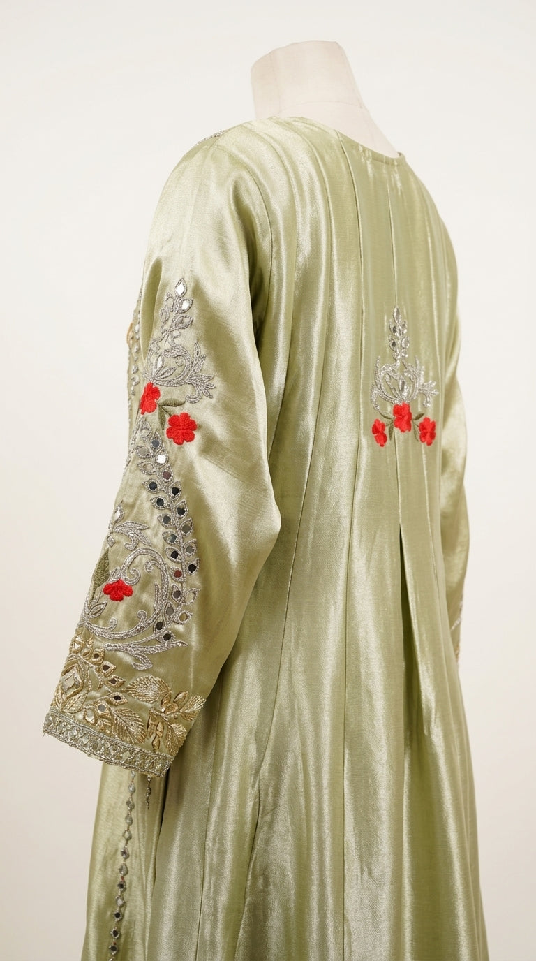 Sage Green Hand-Embroidered Designer Anarkali Suit with Organza Dupatta