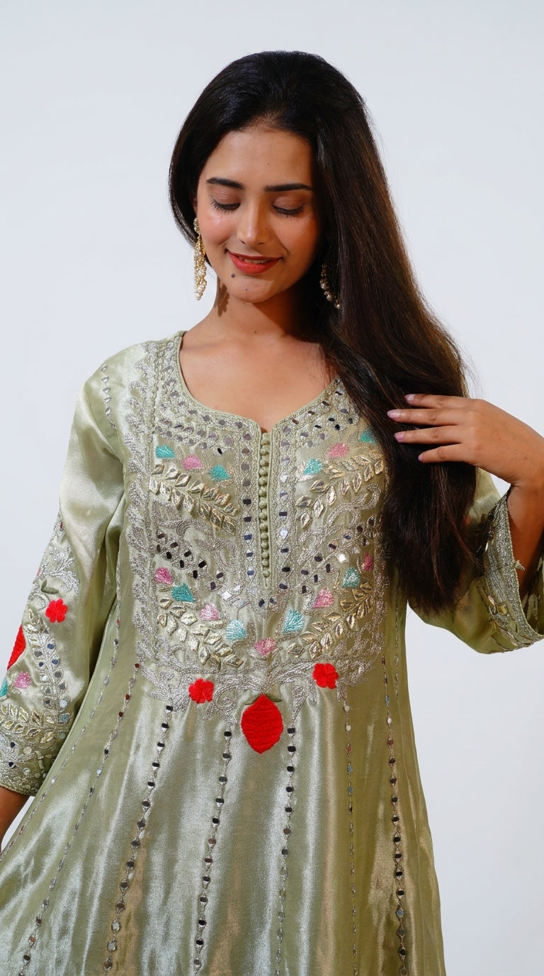 Sage Green Hand-Embroidered Designer Anarkali Suit with Organza Dupatta