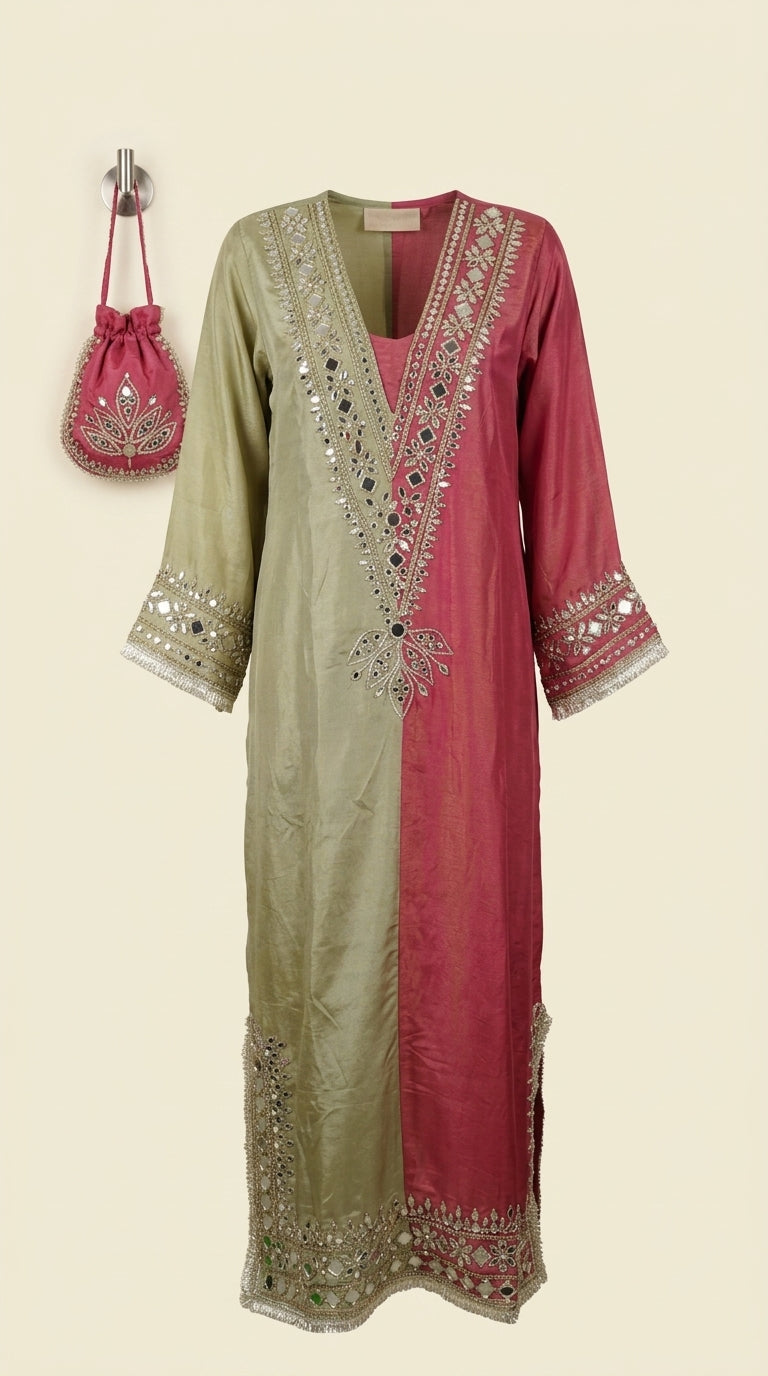 Dual-Tone Sage Green & Rose Pink Hand-Embroidered Designer Kurta Set with Potli Bag