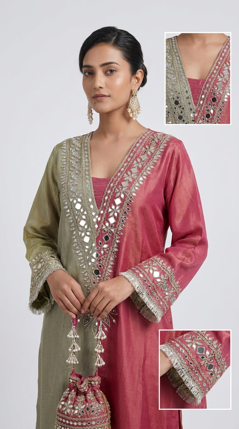 Dual-Tone Sage Green & Rose Pink Hand-Embroidered Designer Kurta Set with Potli Bag